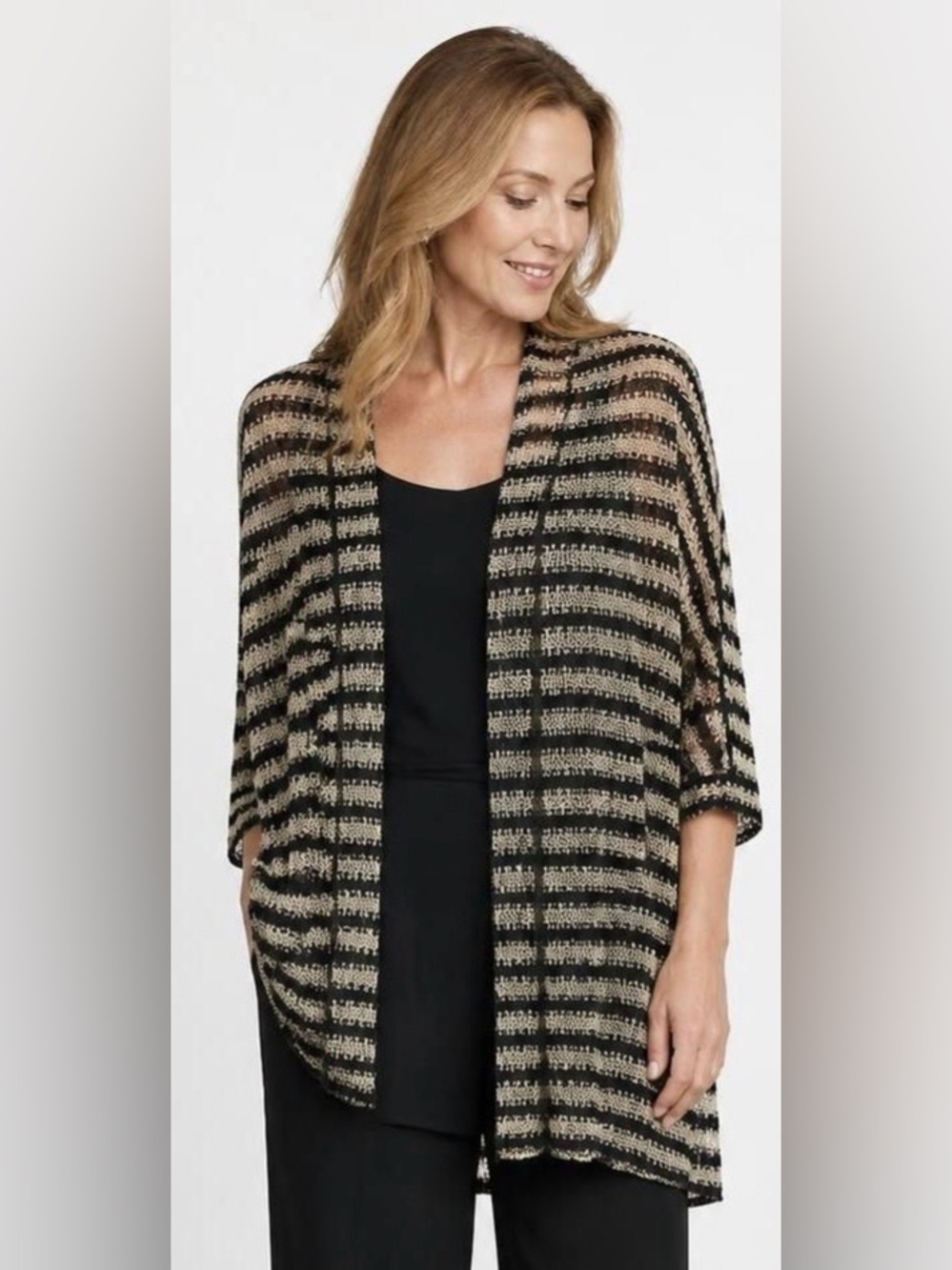 Poetry Black Cream Striped Open Front Cardigan Kimono Style Sz Large K197